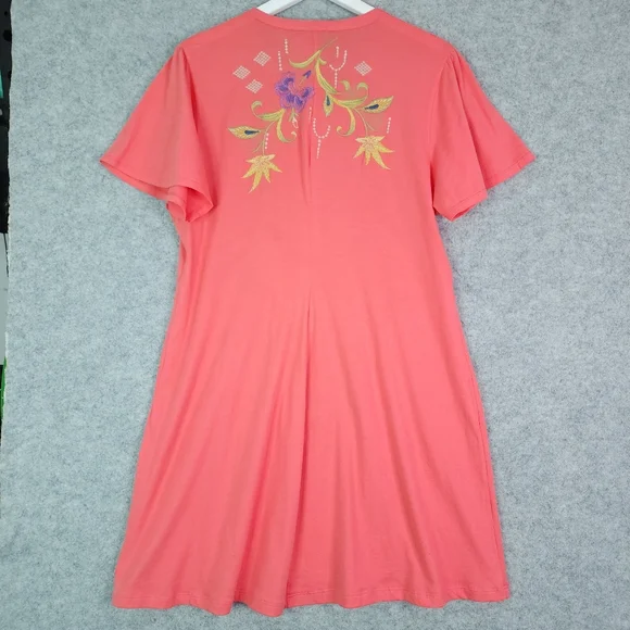 Johnny Was Coral Embroidered Flutter Sleeve Henley Dress - Picture 4 of 7
